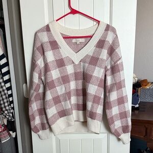 LOFT Women's V-Neck Sweater in Pink and Cream Checkered